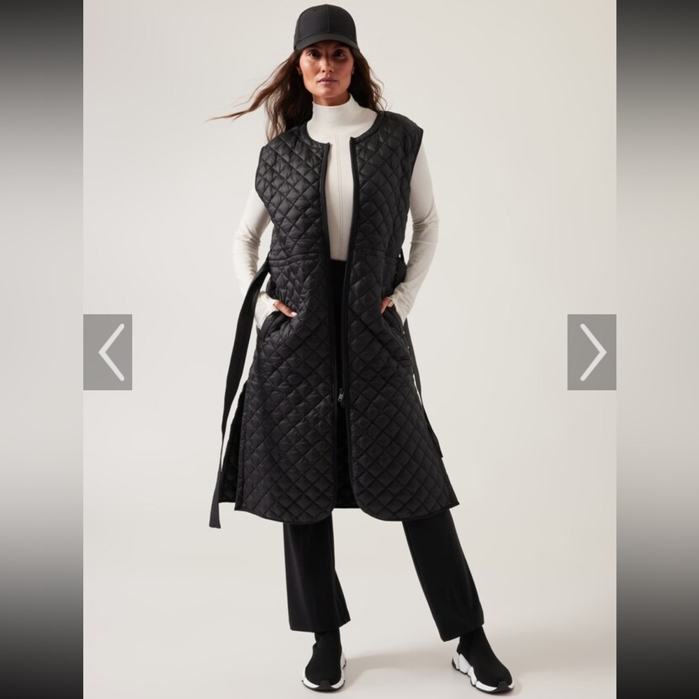 Athleta Black Quilted Longline Vest with Tie Belt